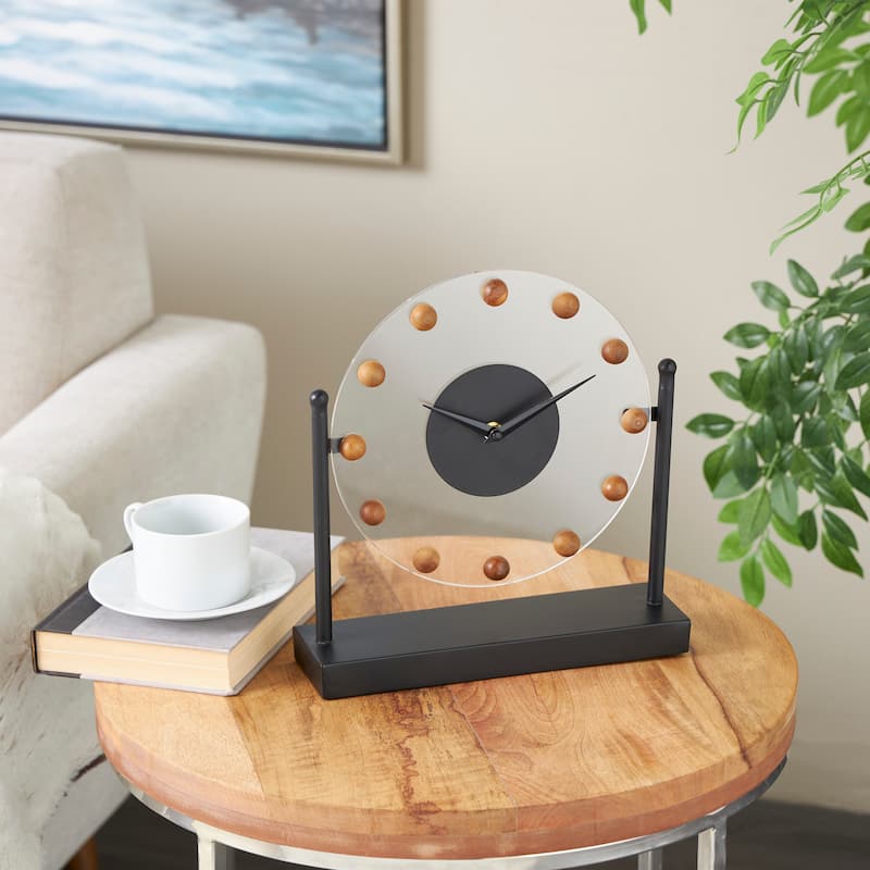 Gold or Black Metal Acrylic Face Clock with Wood Ball Accents - Black
