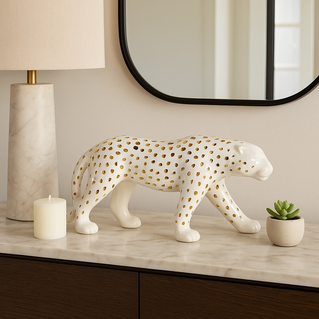 シムシメール　leopard right White gold left 希少 Ceramic Leopard Decorative Figurine - White and Gold - On Sale