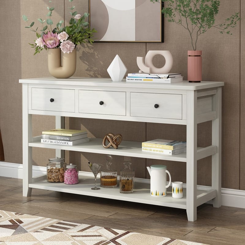 Entryway Console Table with 3 Drawers and 2 Open Shelves - Beige