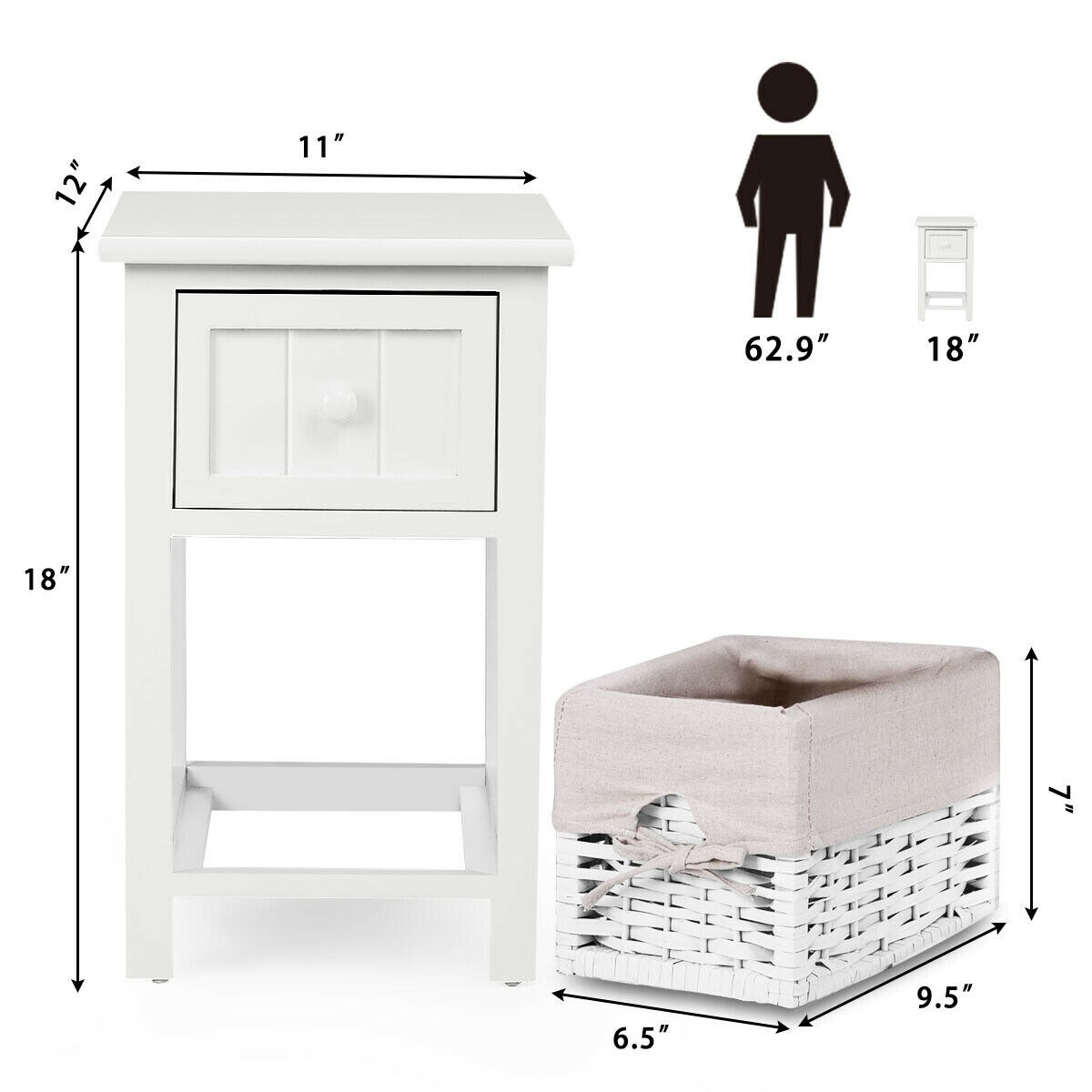 Furniture White Wooden Bedside Table Cabinet With 1 Drawer 2 Wicker Storage Baskets Home Furniture Diy Ot Baieducotentin Fr