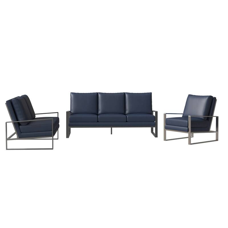 3-Piece Leather Sofa Set Brushed Stainless Steel Base and Removable Cushions