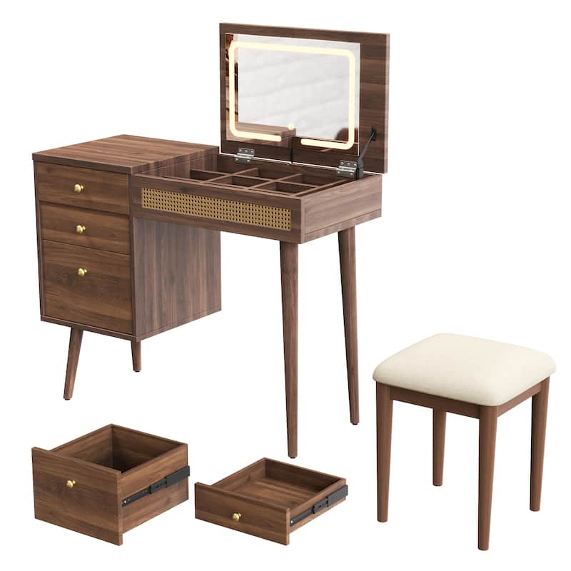 39" Retro Makeup Vantiy Set with Flip-Top Mirror and LED Lights, Walnut Dressing Table Desk with Stool