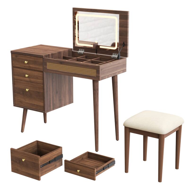 Bohemian Rattan Makeup Vanity Set with Stool, Wooden Vantiy Desk Walnut Dressing Table with Flip-Top Mirror & 3 Drawers