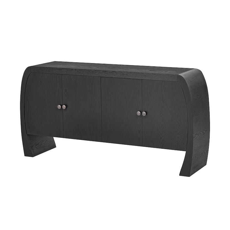 58.6" MDF Vintage 4-DoorConsole Tables - Ash Veneer with Antique Brass Handles & Curved Arc Legs