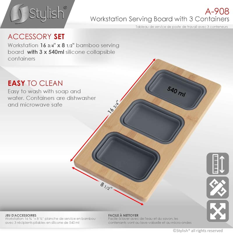 STYLISH 18 inch Over the Sink Divided Serving Board with 3 Collapsible Containers - 16.75" x 8.5"