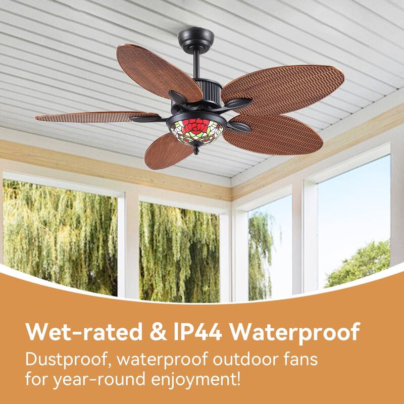 50" TiffanyTropical Ceiling Fan with 5 Palm Leaf Bllades and Vintage Cover Waterproof for Indoor and Outdoor Patio