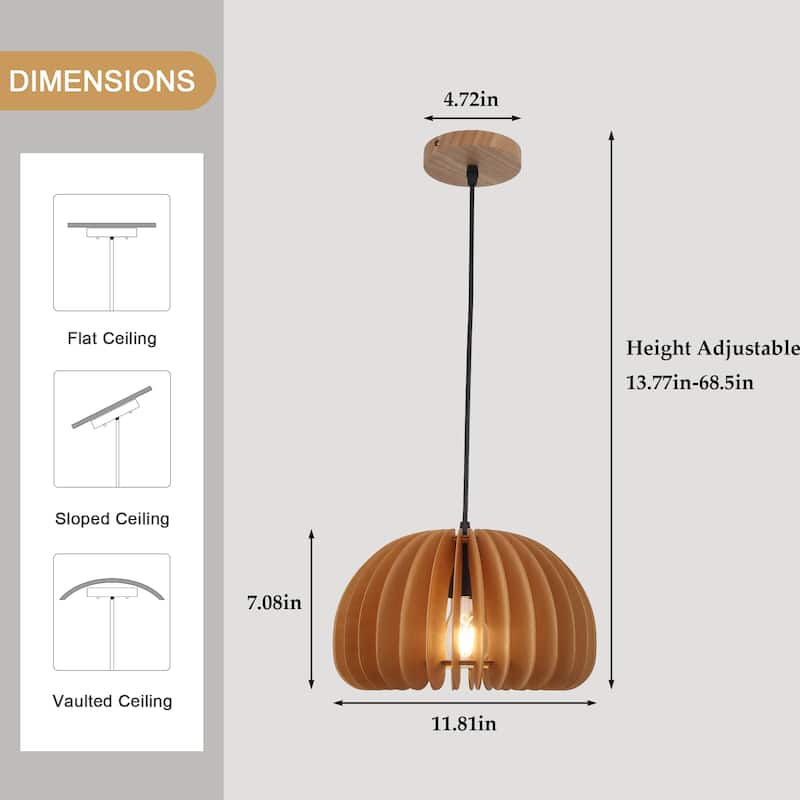 Single-light minimalist wooden pendant lamp with adjustable height