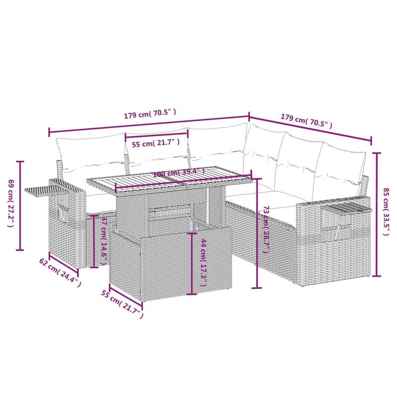 vidaXL Patio Sofa Set with Cushions Lounge Table and Sofas 6 Piece Poly Rattan - 21.7 x 39.4 x 28.7