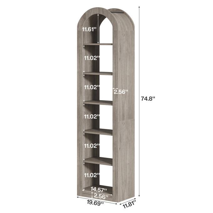 6-Tier Wooden Tall Bookshelf, 74.8 Inches Rustic Arched Bookcase