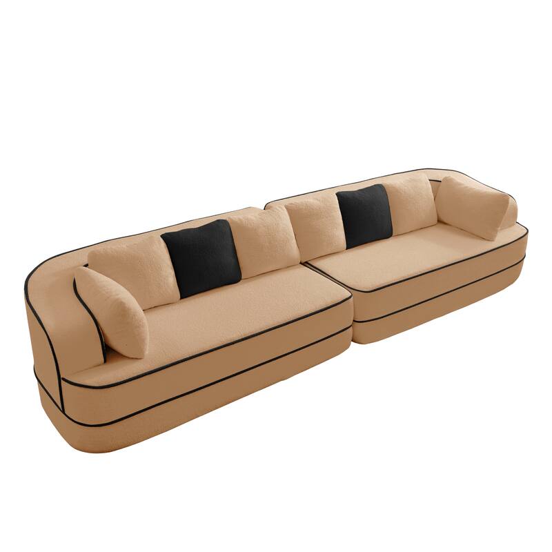 135" Two-Tone Sofa Teddy Fabric Sofa, Boneless Couch with Sponge Cushions, Stylish Sectional Sofa with Pillows for Living Room