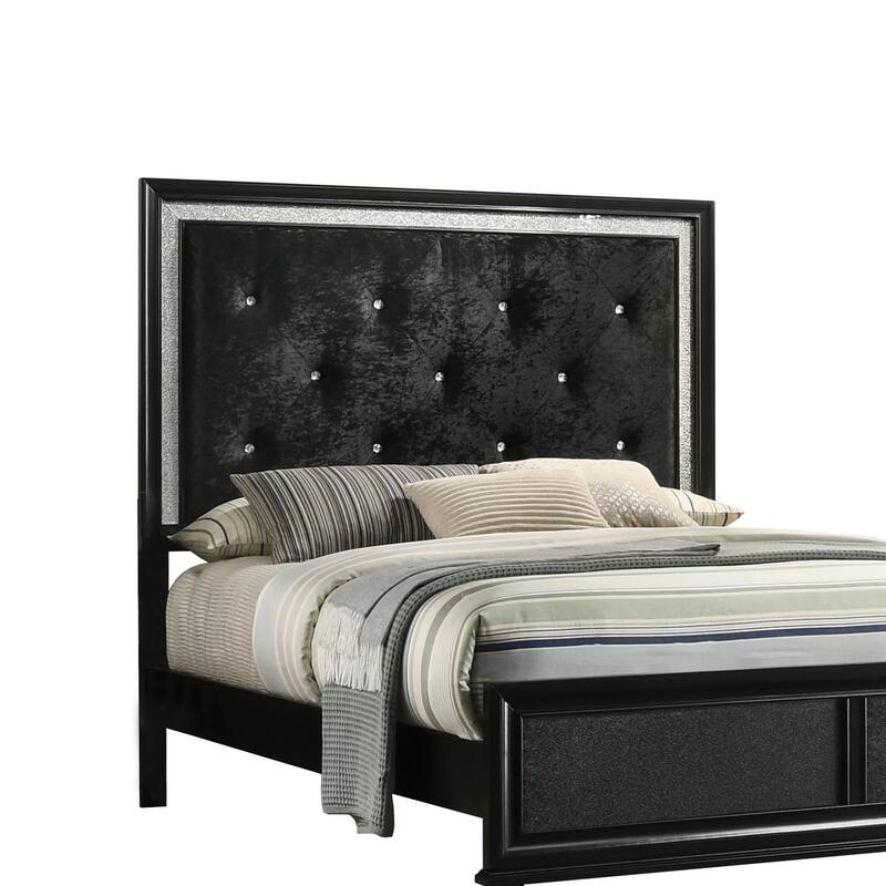 Lexi Queen Size Bed w Crystal Tufted Upholstery, Silver Glitter Trim, Black