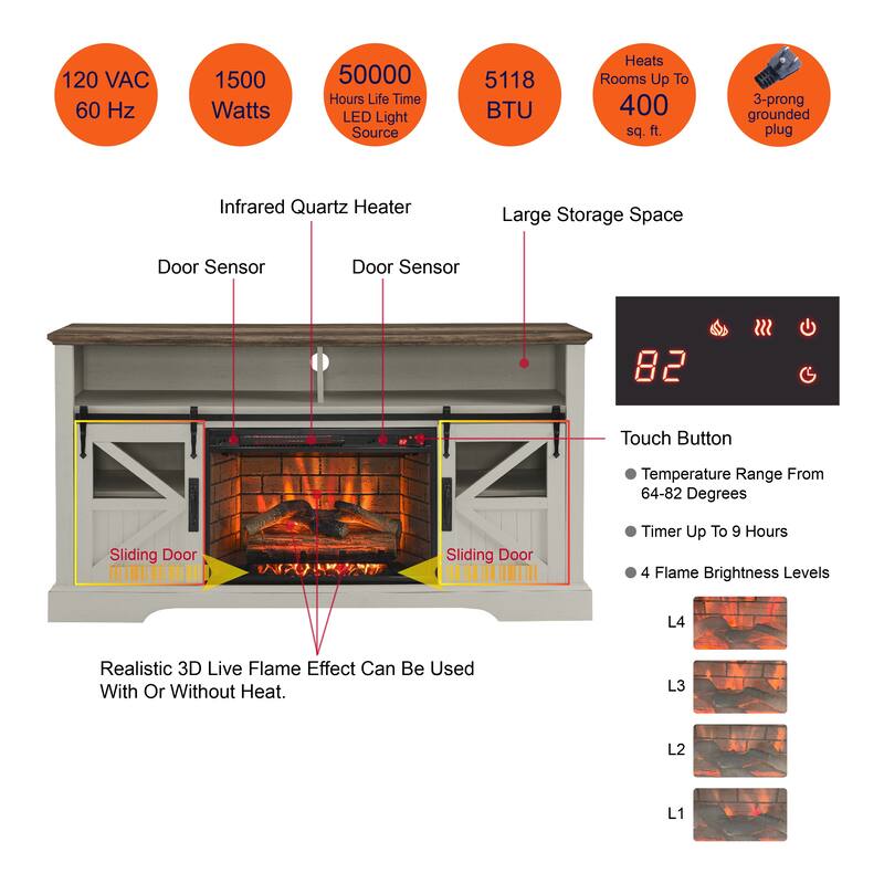 60" Entertainment Center with 1500W Electric Fireplace, Door Sensor, Infrared Remote, and Storage for TVs up to 70"