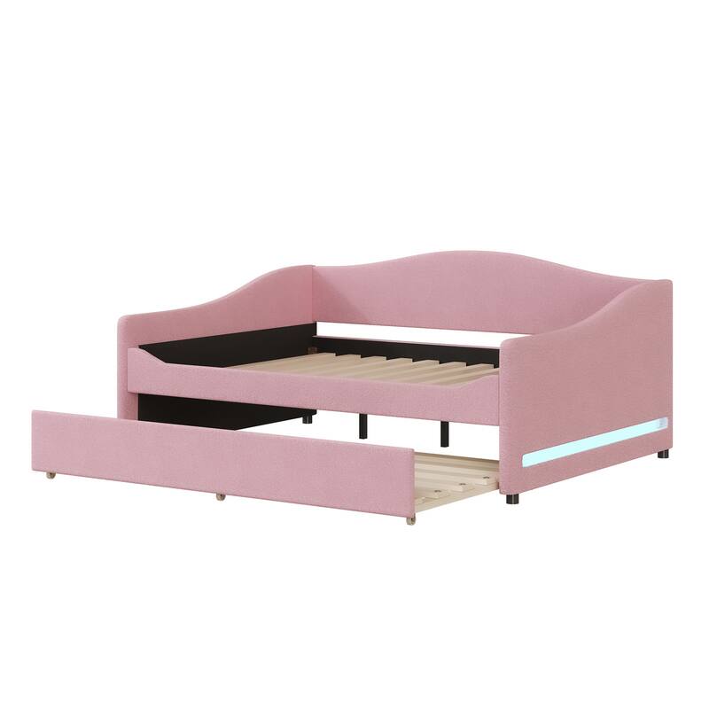 Full Size Upholstered Daybed with LED Lights, Teddy Fleece Fabric, and Twin Trundle, Ideal for Sleepovers