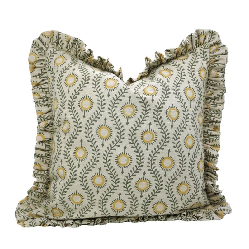 Fabdivine Hand Block Double Side Floral Print Sofa, Couch Decoration Pillow Case - Lehar- Yellow, Green - 14" x 20" - Cover Only