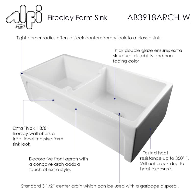 ALFI brand 39-inch White Arched Apron Thick Wall Fireclay Double Bowl Farm Sink
