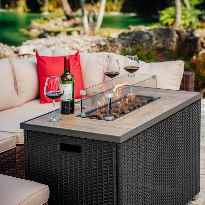 Empyrean Outdoor 43" Wicker Fire Pit Table with Glass Shield