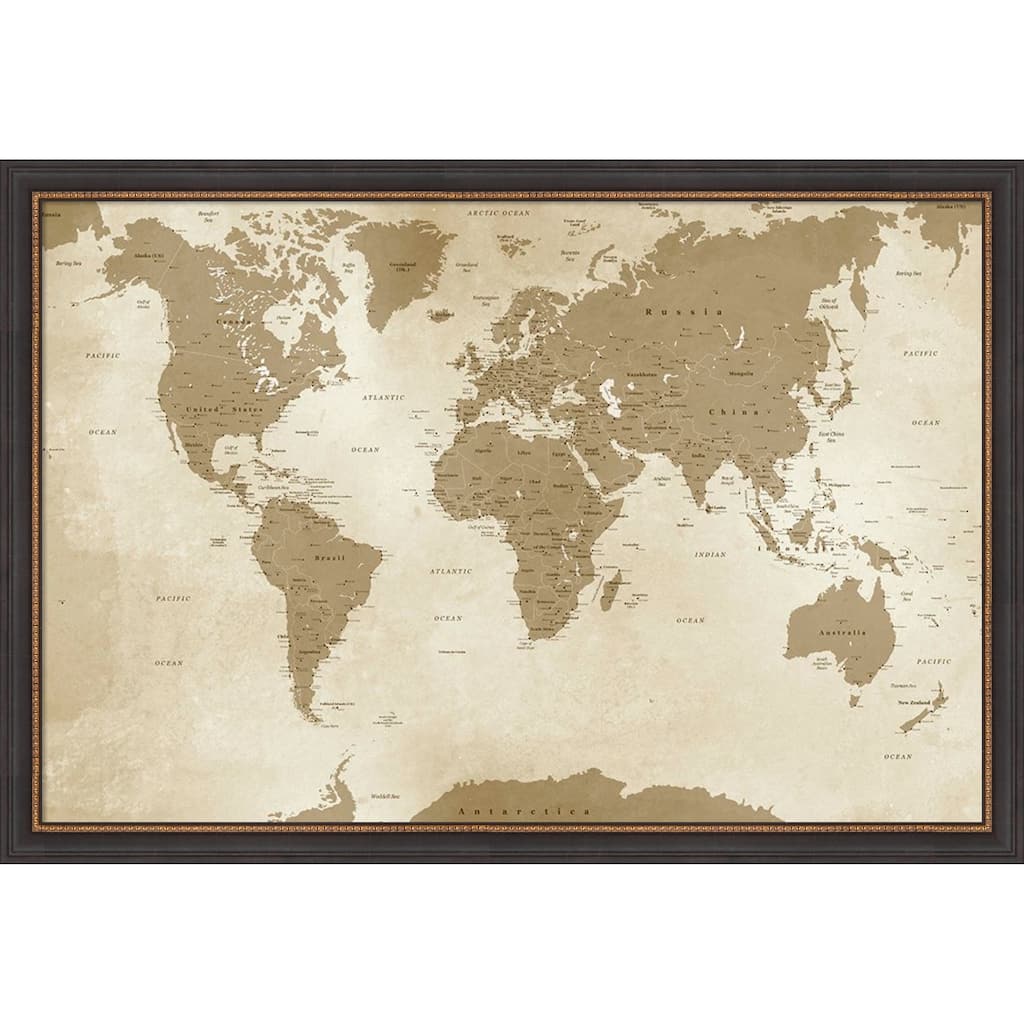 Amanti Art Framed Fabric Pinboard Antique Style World Map by Inner circle Printed Bulletin Board - Board Size 36 x 24