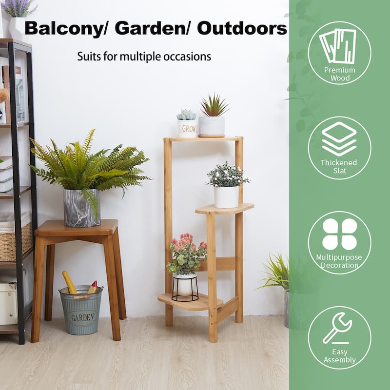 3 Tiers Ladder Triple Plant Stand Corner Bamboo Plant Shelf Rack