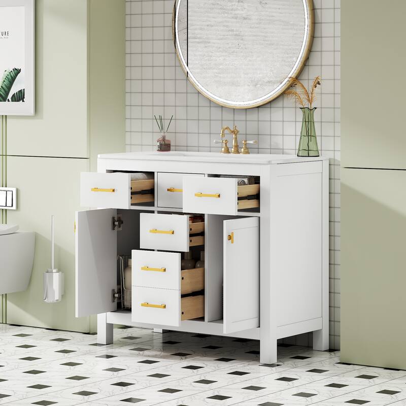 36'' Storage Cabinet for Bathroom Vanity with Ceramic Sink, 4 Drawers, 2 Cabinets and Gold Metal Handles, Freestanding Cabinet