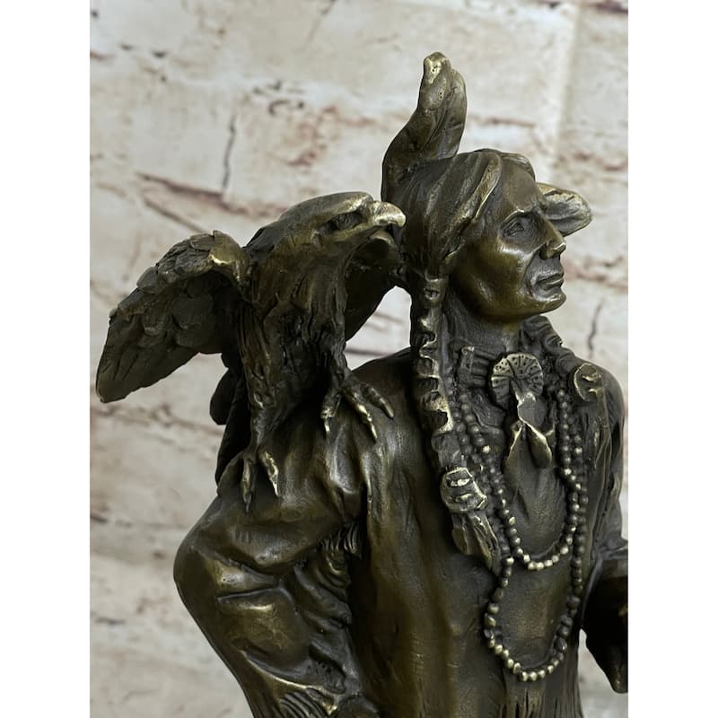 Native American Warrior And Eagle Sculpture Signed Original M. Lopez Bronze