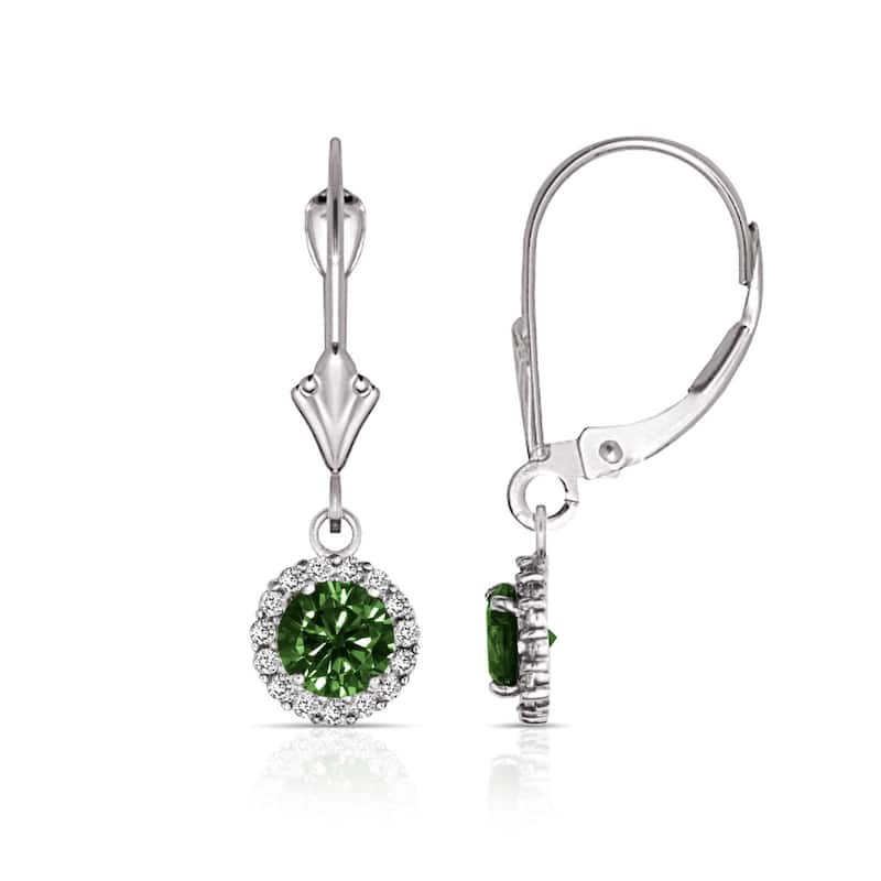 Curata Solid 14k White Gold Birthstone Round Cubic Zirconia Halo Dangle Leverback Earrings (6mm x 25mm)