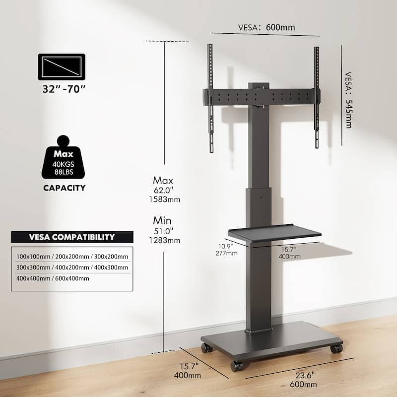 FITUEYES Mobile TV Stand for 32-75 Inch TVs, Portable TV Cart with Wheels, Height Adjustable with Horizontal and Vertical Swivel