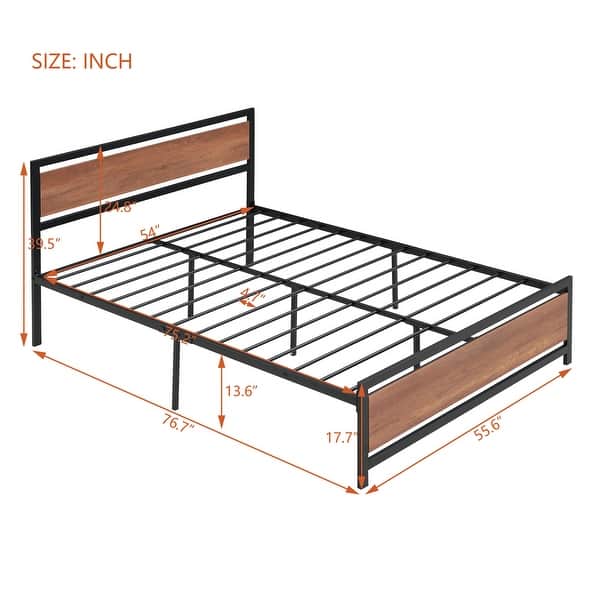 Full Size Platform Bed With Metal and Wood Bed Frame With Headboard and ...