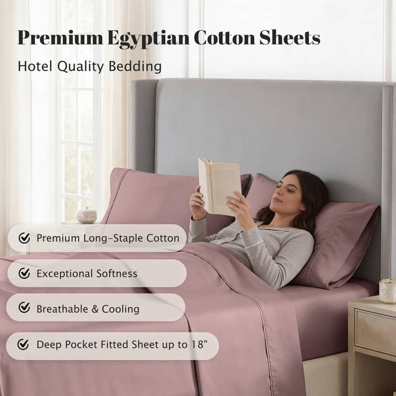 Superior Egyptian Cotton 530 TC Sheet Set Sateen Weave, Deep Pocket, Ultra‑Soft & Breathable Bedding