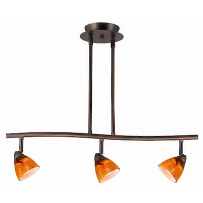 3 Light 120V Metal Track Light Fixture with Glass Shade, Brown and Yellow