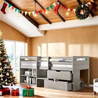 Elegant & Functional Design Twin Size Loft Bed With Two Shelves And Two Drawers,Beautiful Piece for Bedroom,Antique Gray