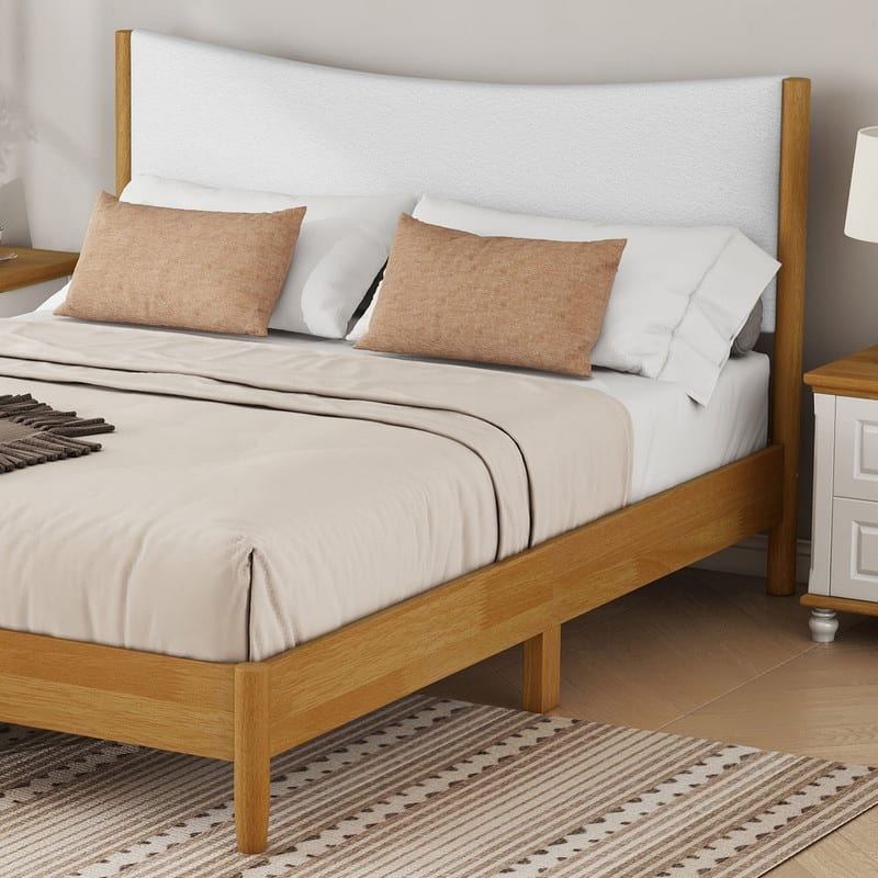 Solid Wooden Platform Bed with Boucle Upholstered Headboard，Queen Size