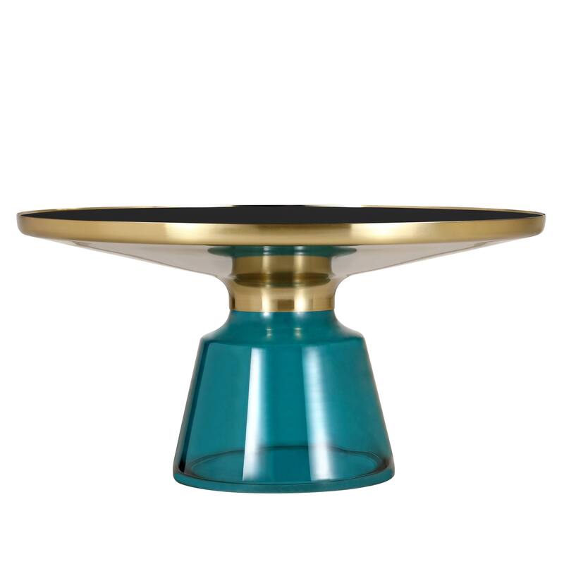 30-Inch Round Coffee Table Glass/Stone Tabletop with Gold Iron Rim Frame Glass Pedestal Base