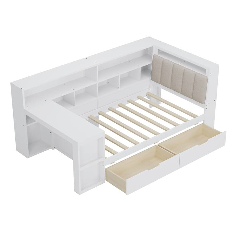 L-shaped Wooden Sofa Daybed with Desk, Bookcase Cabinet, Corner Bed with Under-bed Drawers, Upholstered Headboard Built-in Light