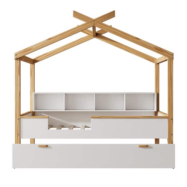 slide 2 of 12, White Full Size Wooden House Bed with Storage Bookshelf Original Wood Colored Frame with Twin Trundle for Children or Guest Room White - Full