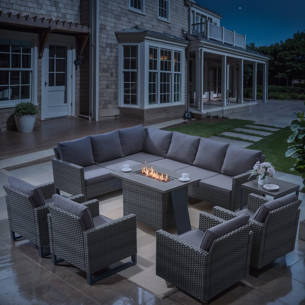 Propane Fire Pit Table with Outdoor Sofa Chair Table Set- Grey cushion