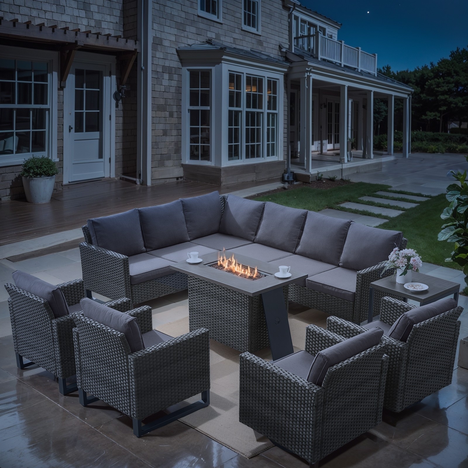 Propane Fire Pit Table with Outdoor Sofa Chair Table Set- Grey cushion