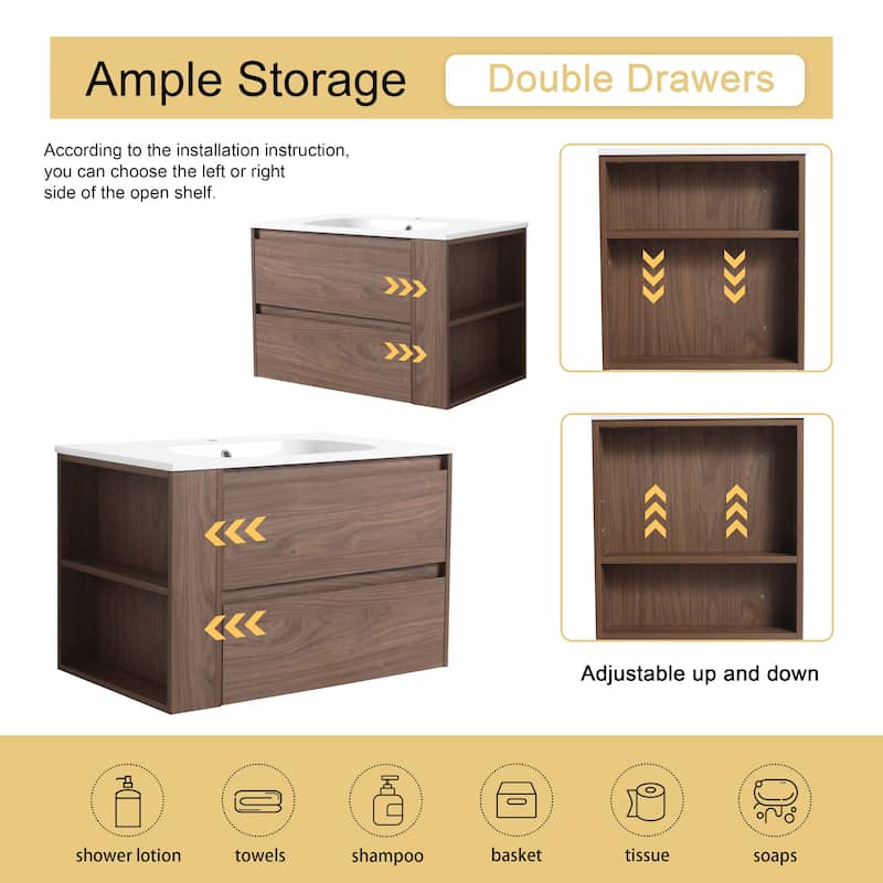 Malwee 30"/36" Floating Bathroom Vanity, Wall Mounted Bathroom Vanity with Sink,Soft Close Drawers and Side Adjustable Shelf