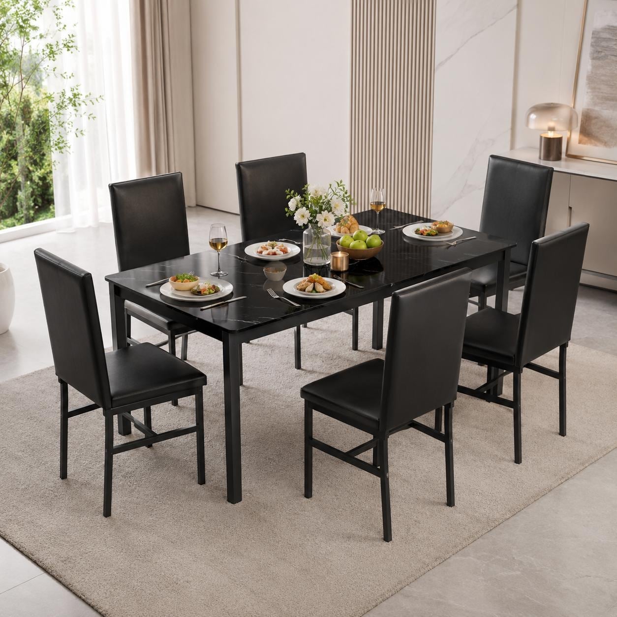 7pc Rectangular Dining Set Faux Marble Top PU Padded Kitchen Dinette