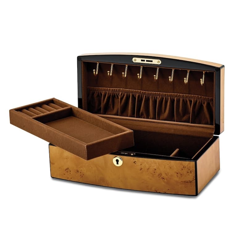 Curata Luxury Giftware High Gloss Finish Burlwood Veneer with Lift Tray Locking Wooden Jewelry Box