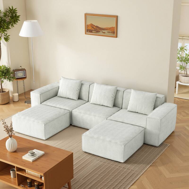 118 Inch Modular Convertible Sofa Bed 3-Seater with Footrests White Cloud Velvet