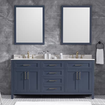 OVE Decors Tahoe 72 in Midnight Blue Double Sink Vanity with White Cultured Marble Top and Mirrors
