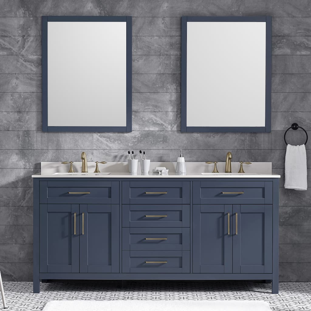 OVE Decors Tahoe 72 in Midnight Blue Double Sink Vanity with White Cultured Marble Top and Mirrors