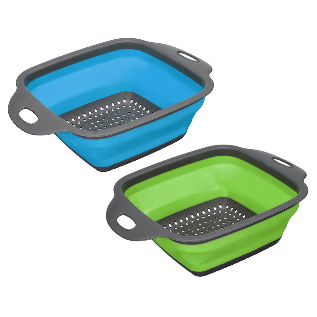 Collapsible Colander Set, 2 Size Silicone Square Strainer - blue green - 29cm x 22cm x 9cm