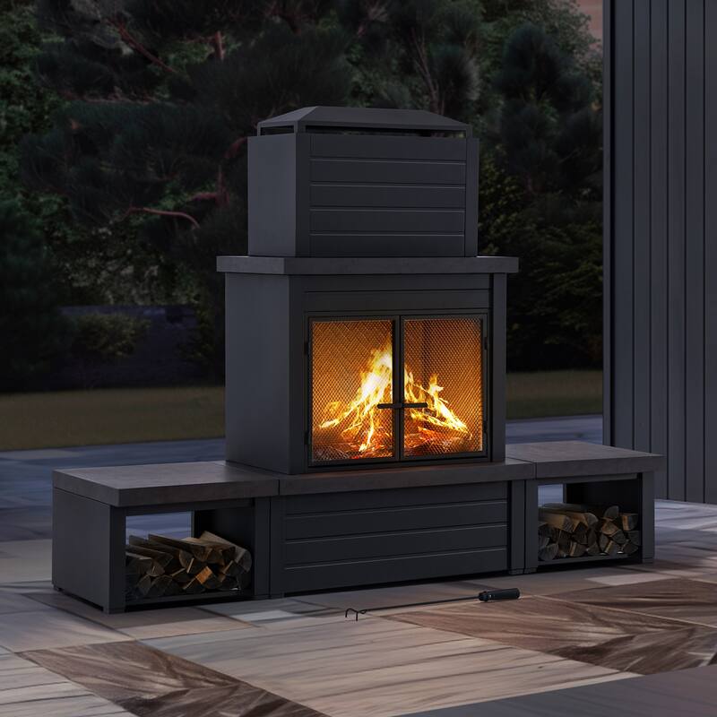 Sunjoy Outdoor Wood Burning with Chimney, Log Holders, Fireplace Tool, and PVC Cover - N/A
