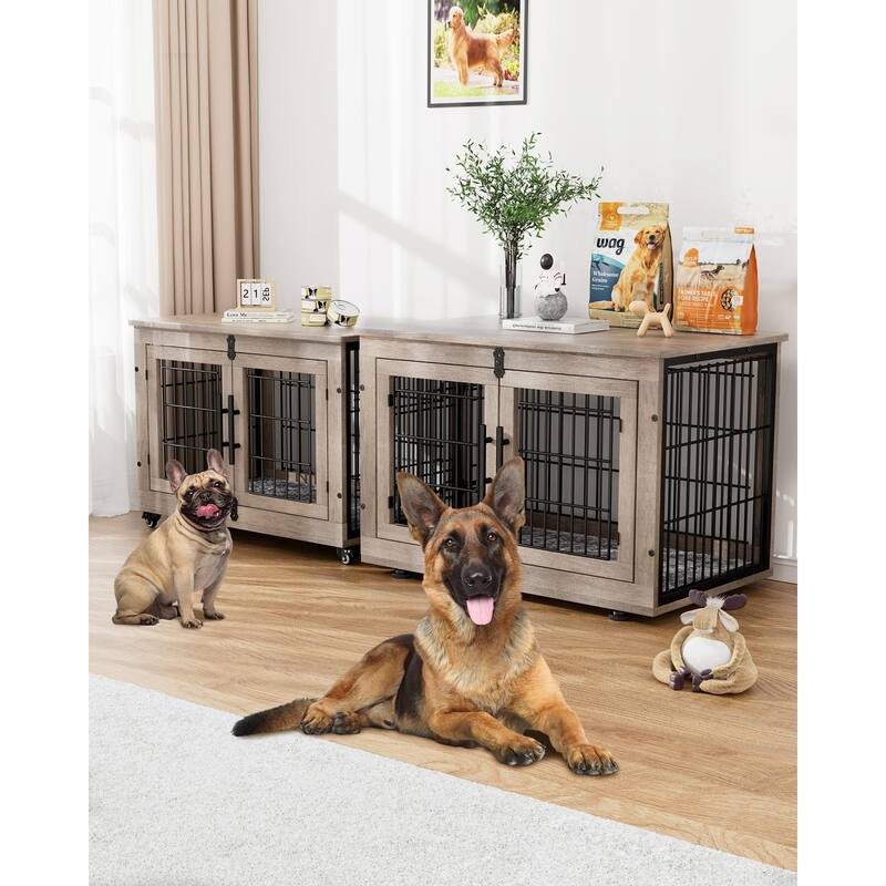 Dog Crate Furniture with Cushion Double Doors Wooden Dog Kennel