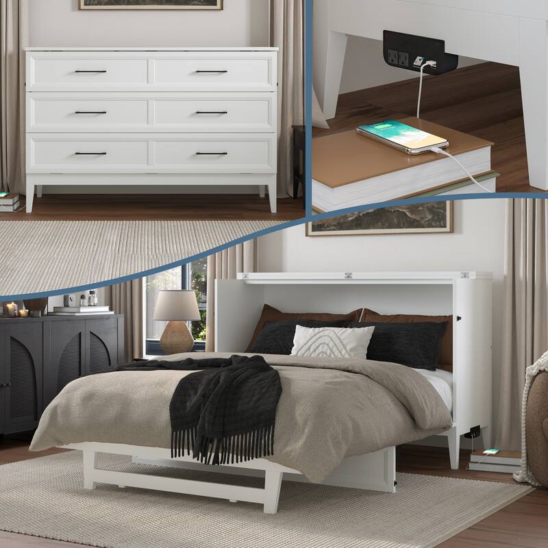 Santa Fe Murphy Bed Chest with Mattress and Built-in Charger - White - Queen
