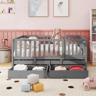 Full Size Daybed with Fence Guardrails and 2 Drawers