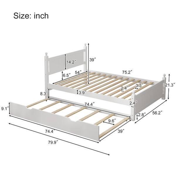 White Full Size Platform Bed Frame with Pull-out Trundle