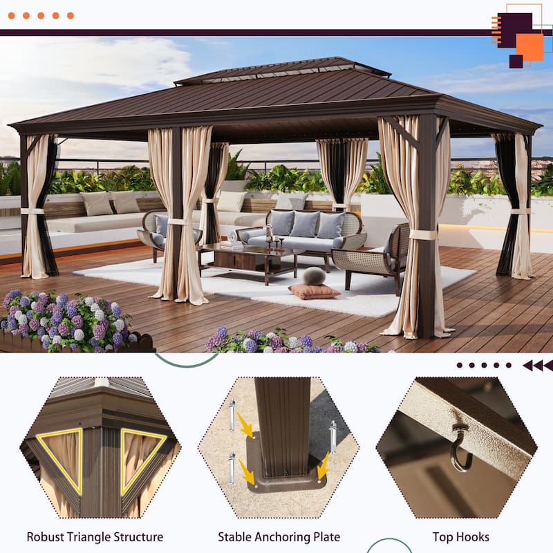 Outdoor Galvanized Steel Hardtop Patio Pergola with Aluminum Frame, Featuring Premium Curtains and Netting