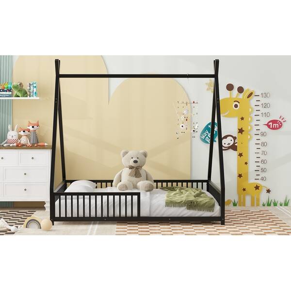 dimension image slide 4 of 5, Metal Full Size House Platform Bed with Triangle Structure, Contemporary Style Kids Bed Frame with Guardrail for Bedroom, White